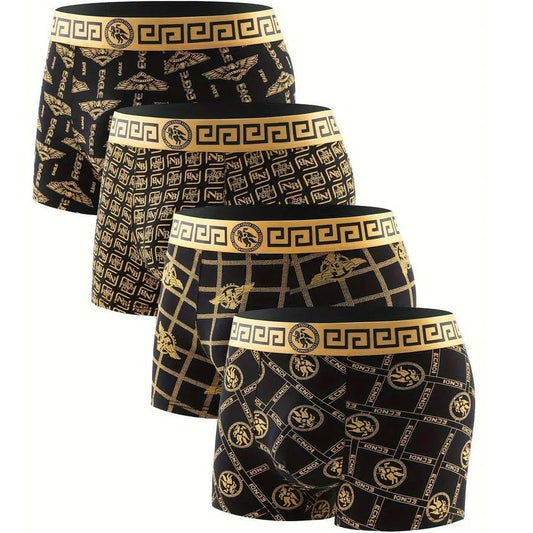 4-Pieces: Men's Luxury Black Golden Print Mid-Waist Boxer Brief